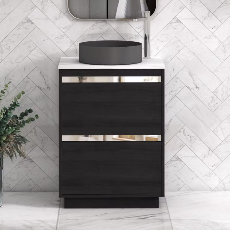 Royal Bathrooms Orion 800mm Hale Black Floor Standing Vanity Unit with Carrara White Countertop, 2 Drawers and Art Round Basin