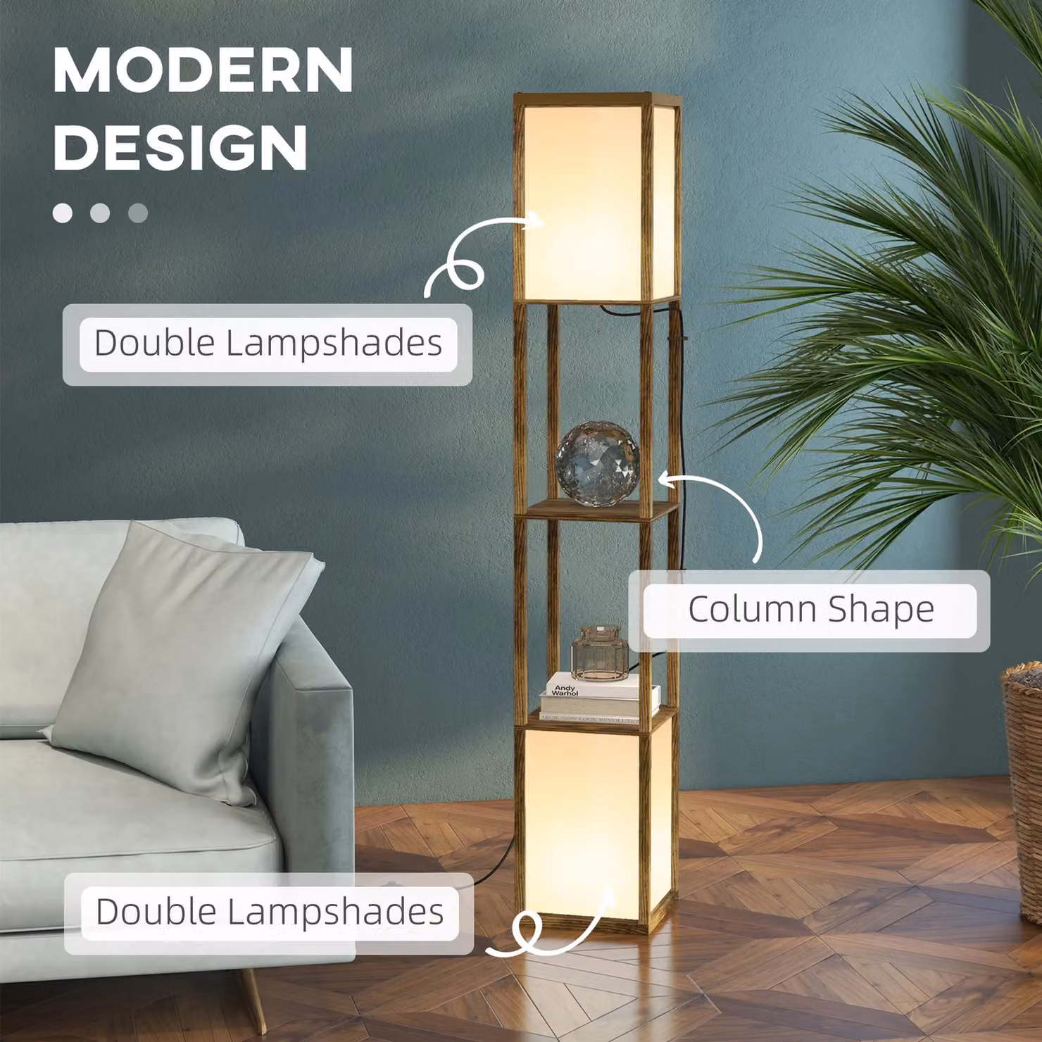 HOMCOM Modern Brown Wood Shelf Floor Lamp with Dual Up and Down Lighting for Living Room or Bedroom – 4