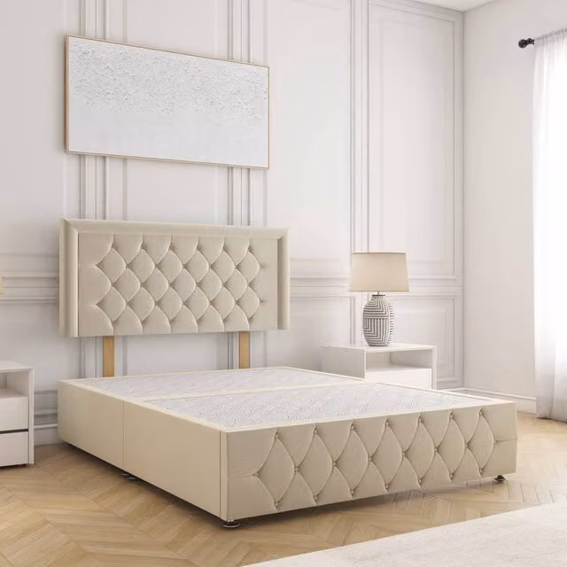 BSSPOKE Lena Double Plush Velvet Divan Bed with 24 inch Headboard in Beige, W/D/H: 140 x 200 cm