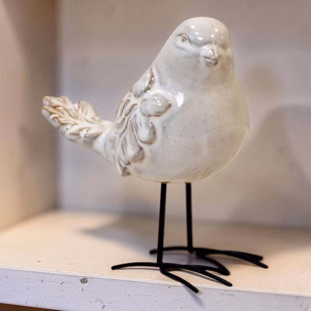 Four Candle Medium Glazed Ceramic Bird with Textured Detail in Stone and White – 2