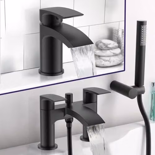 Nes Home Libra Waterfall Basin Mixer and Bath Mixer Tap Set with Pop-Up Waste, Matte Black