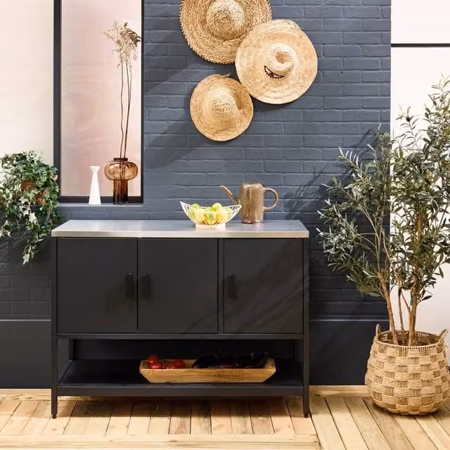 Sweekeek Modern Outdoor Steel Kitchen Base Unit in Matt Black with 3 Hinged Doors and Internal Shelf, W: 120 cm – 1