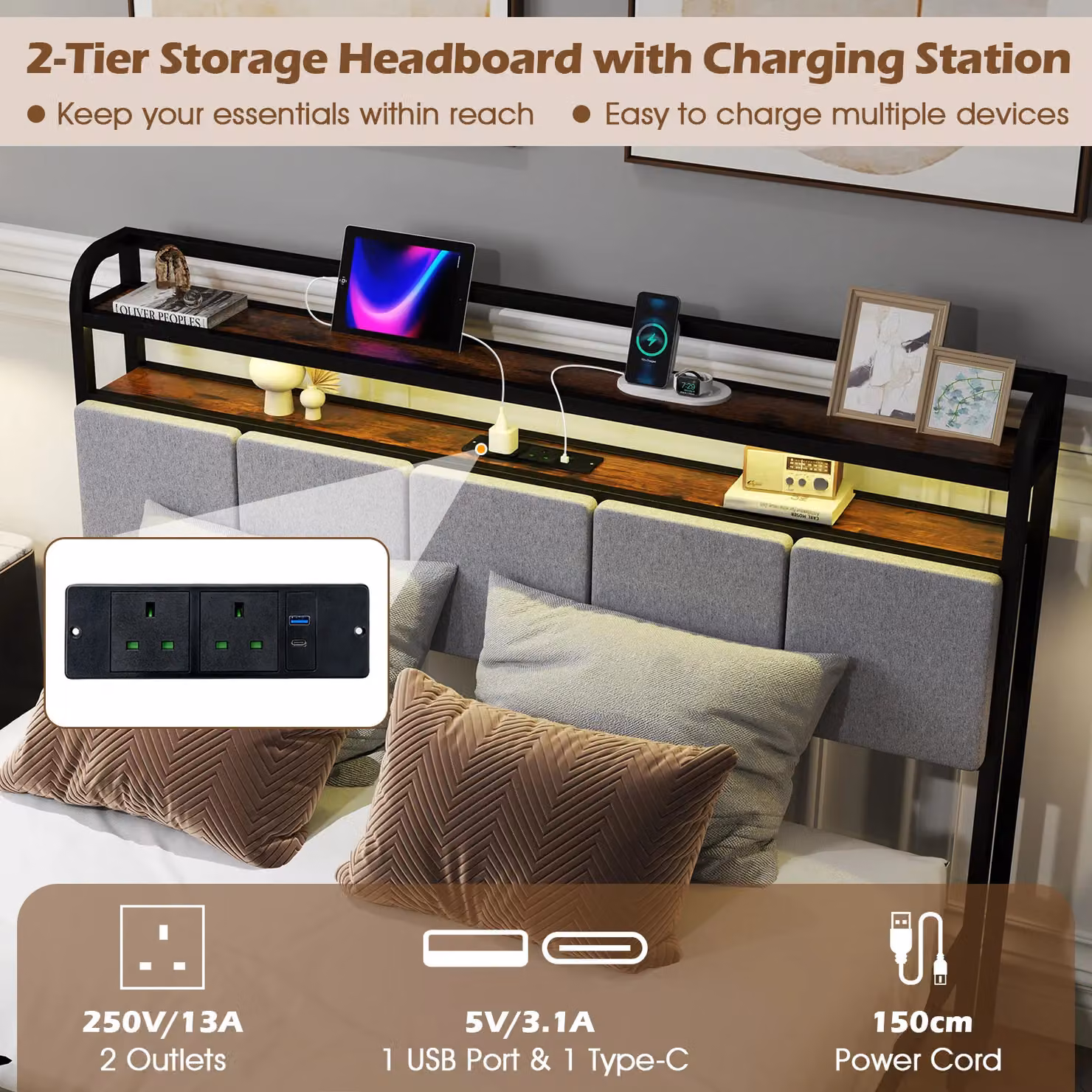 Gymax King Bed Frame with LED Lighting, USB Charging Station and Side Compartments, Black Upholstered Platform Bed, W/D/H: 180 x 200 cm – 4