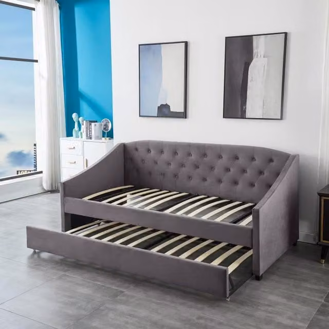 Kosy Koala Grey Velvet Single Sofa Daybed with Underbed Trundle, W/D/H: 90 x 190 cm