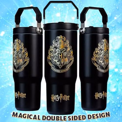 Get Trend Harry Potter Insulated Metal Travel Tumbler with Flip Up Straw and Handle, Black, 850ml – 5