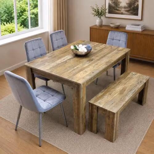 Kosy Koala 6-Seater Dining Set with Oak Effect Table, 4 Grey Velvet Chairs and 1 Wooden Bench, W/D/H: 117 x 77 x 75 cm