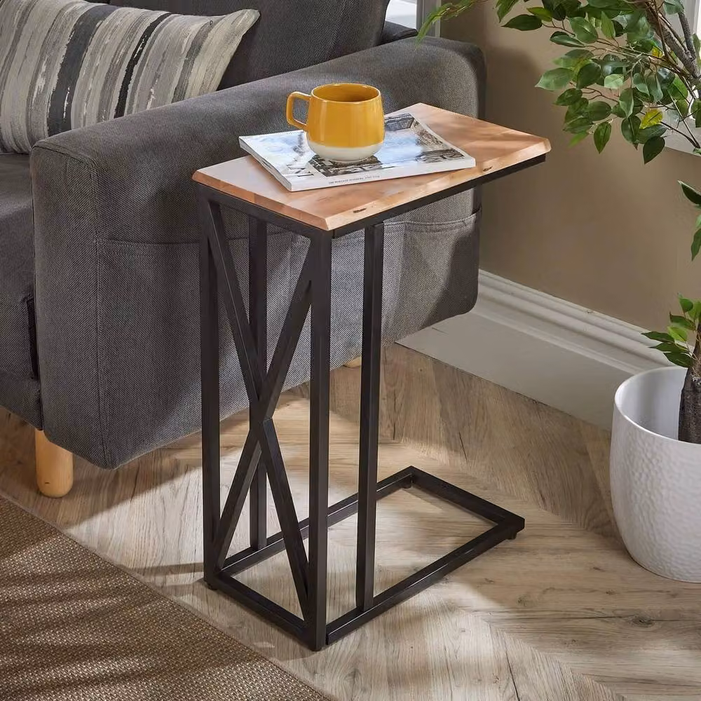 FORGEVIO Industrial Side End Table with Wood Top and Black Iron Frame – 3