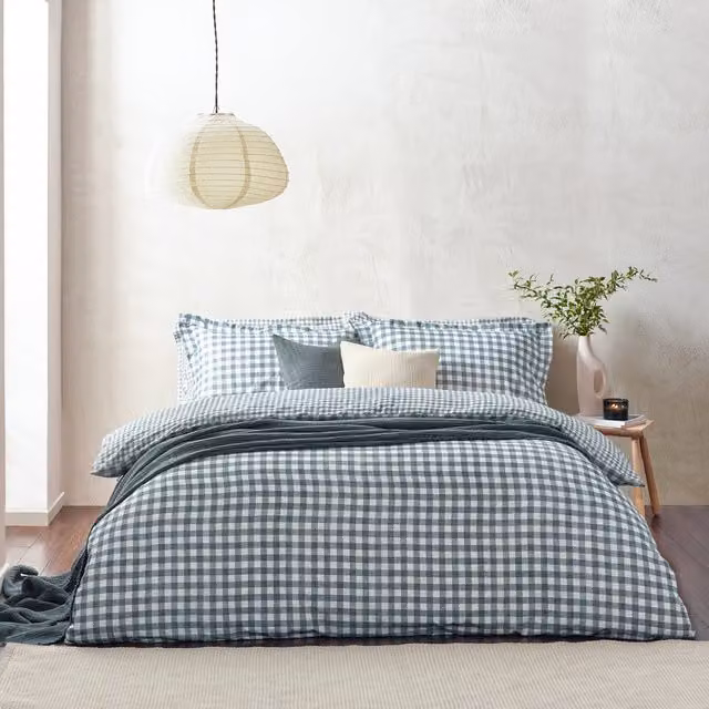 Barton Gingham Check Reversible Cotton Duvet Cover and Pillowcase Set - Blue, W: 180 cm, L: 200 cm