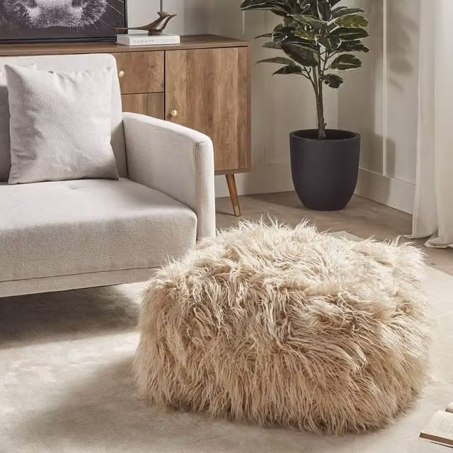 Wyld Haus Soft Body Beige Faux Fur Cube Pouffe – 1
