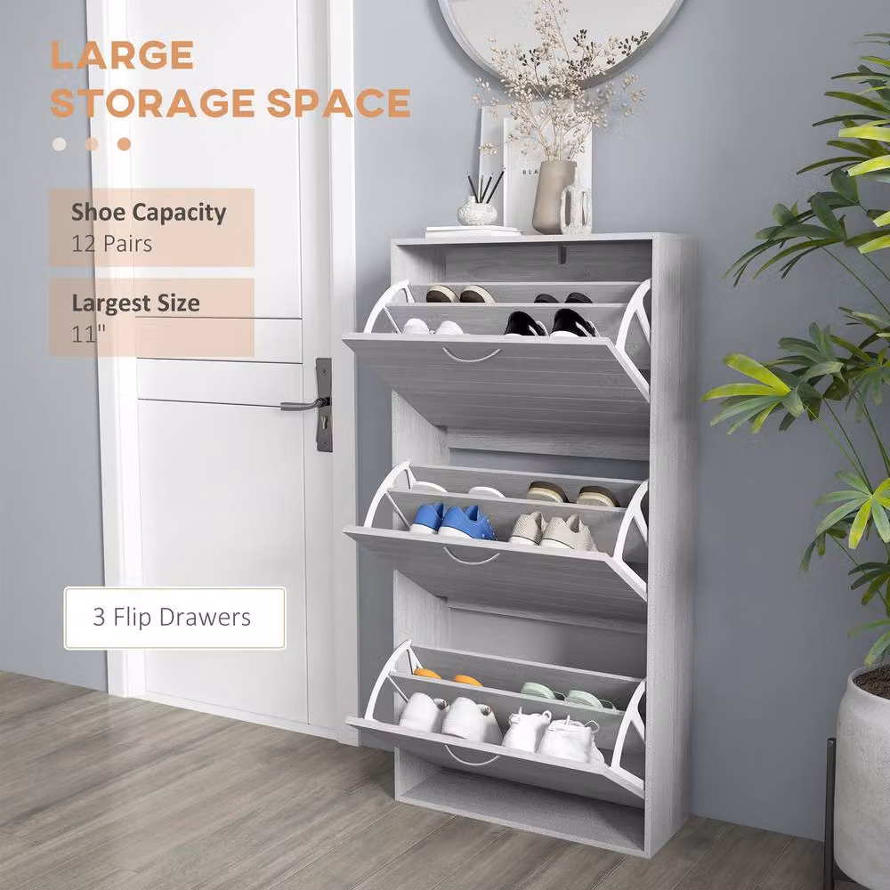 ERGOVEXA Grey Wood-Effect 3 Flip Drawer Shoe Storage Cabinet for Up to 12 Pairs – 3