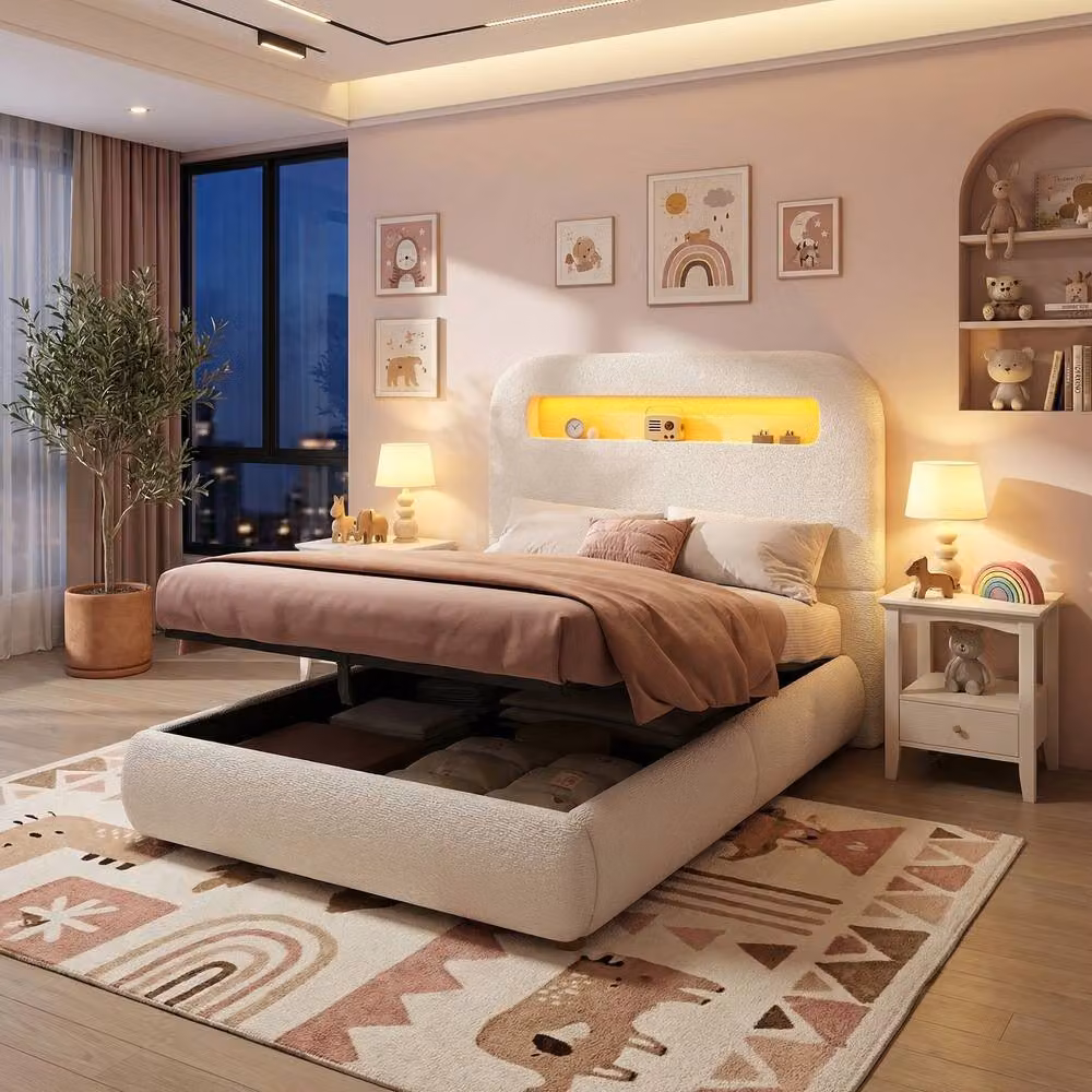 Matteo Children's Single Upholstered Bed in White Bouclé with Storage and LED Lighting – 2