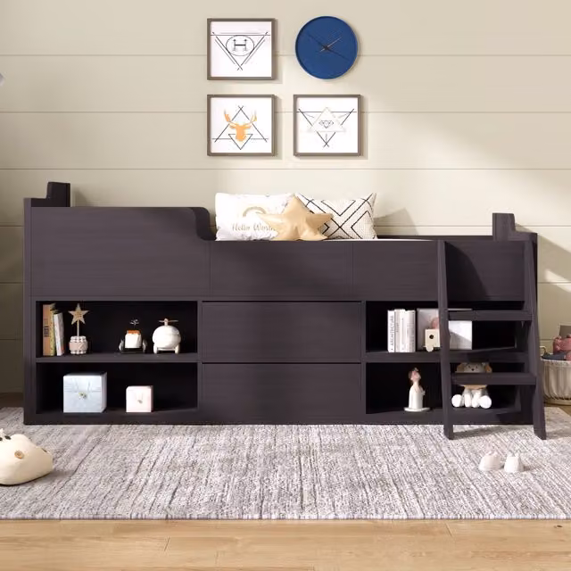 Aosom.UK Childrens Wooden Mid Sleeper Cabin Bed with Drawers and Shelves in Beige, W/D/H: 94 x 196 x 92 cm
