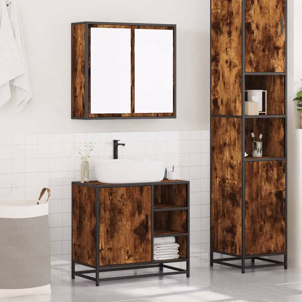 Berkfield Home 2 Piece Industrial Bathroom Furniture Set with Vanity Unit and Mirror Cabinet in Brown Smoked Oak – 3