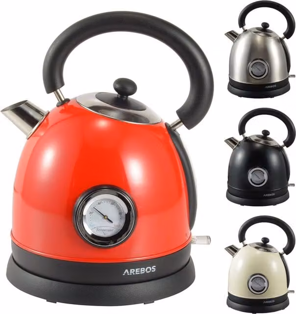 AREBOS Red Stainless Steel Retro Design Kettle with Limescale Filter, 1.8 l