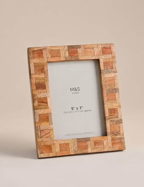 M&S Rustic Geometric Wood and Glass Single Photo Frame, Brown and Sand, 13 x 18 cm