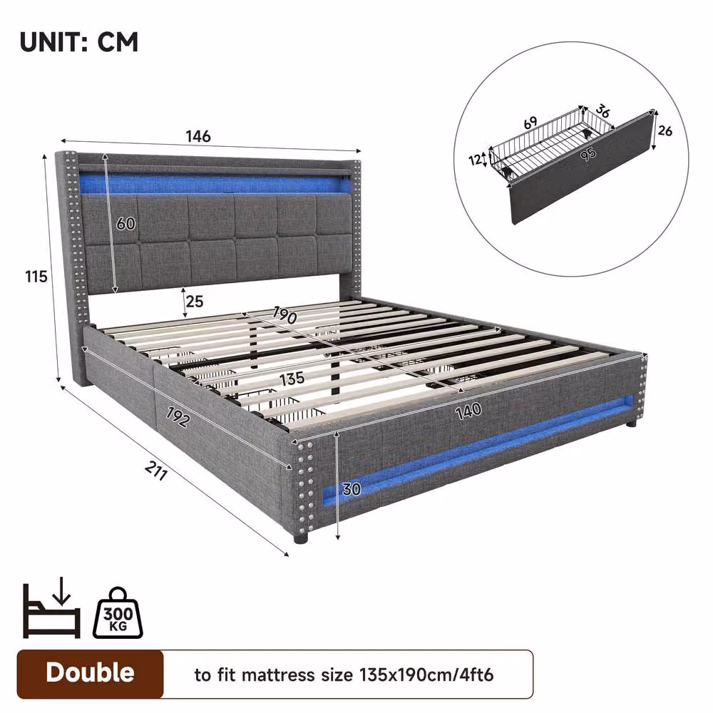 ModernLuxe Grey Upholstered Double Bed with 4 Drawers, LED Headboard, USB Charging Port and Bedside Shelf (W/D/H: 135 x 190 x 300 cm) – 5