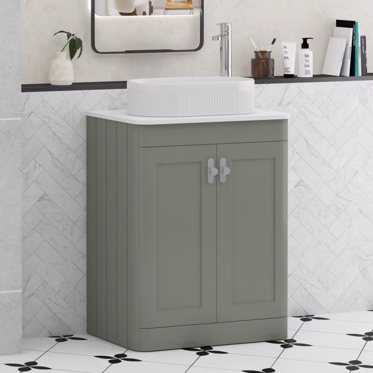 Royal Bathrooms Henley 600mm Sage Green Floor Standing 2 Door Vanity Unit with Lyon Basin and White Worktop