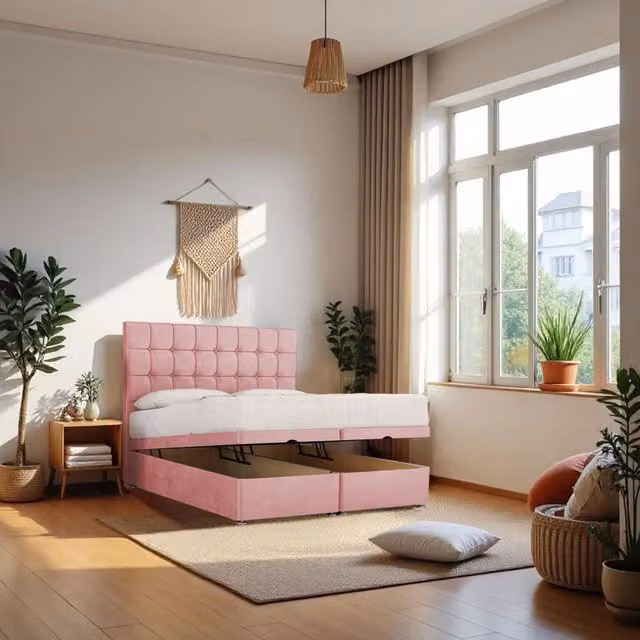 Knight Sleep Cubed Single End Opening Ottoman Bed with Hybrid Mattress and 24 inch Headboard in Pink Velvet Fabric, W/D/H: 90 x 190 cm