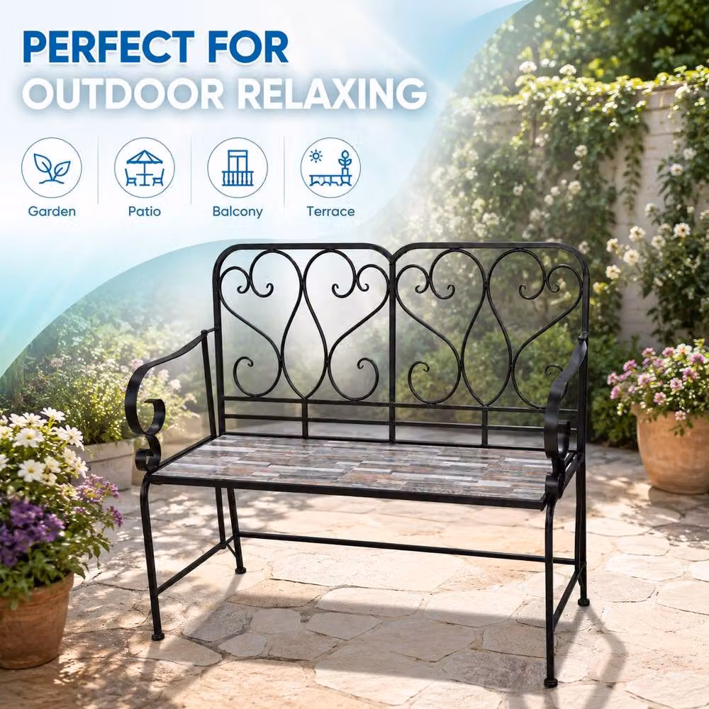 Shatchi Oasis Mediterranean Mosaic 2 Seater Garden Bench in Multicolour Metal and Ceramic Tile, W: 112 cm, H: 96 cm, D: 47 cm – 5