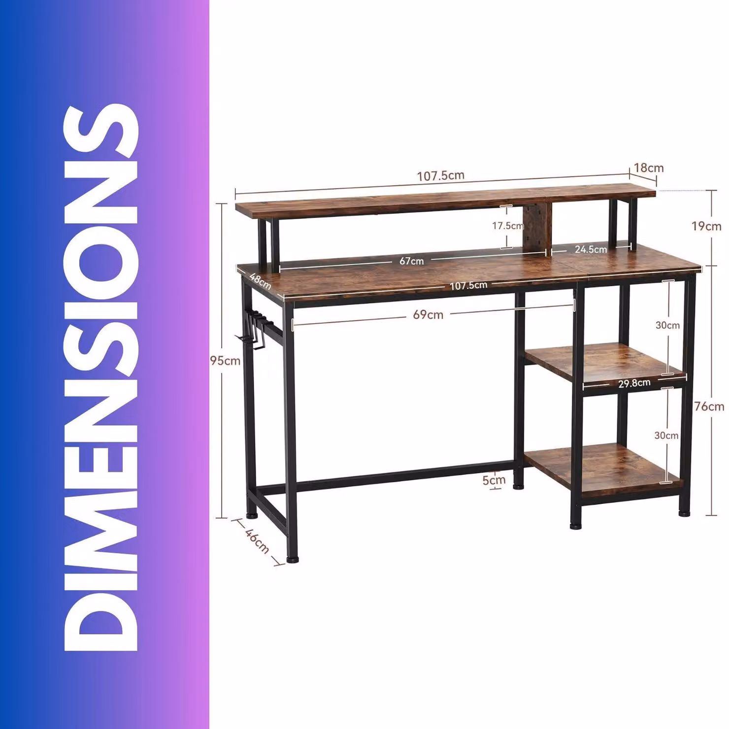 FURNOS Industrial Computer Desk with Monitor Stand and Shelves, Brown – 3