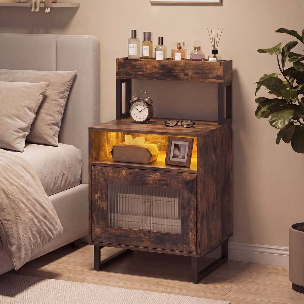 Costway Modern Brown Nightstand and End Table with Integrated Lighting – 4