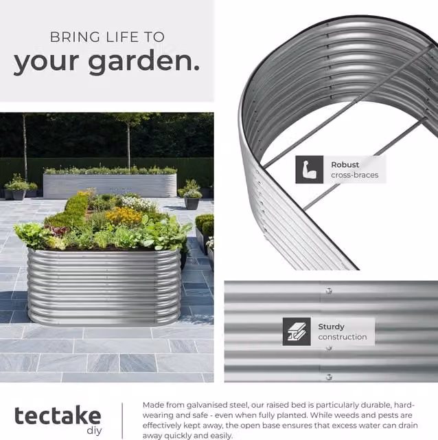 tectake Galvanised Steel Raised Bed in Silver, 804 Litre Capacity, W/D/H: 160 x 80 x 80 cm