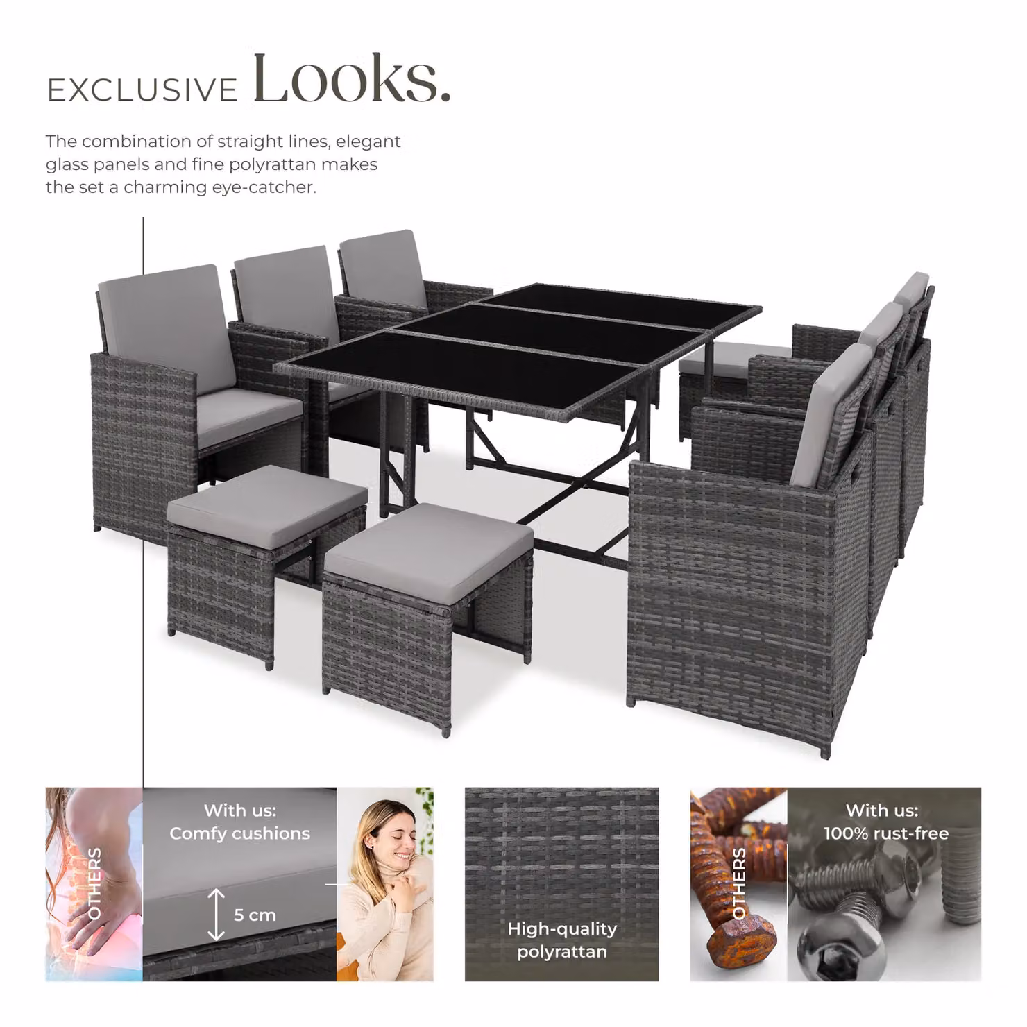 tectake Malaga Modern Extendable Rattan Garden Table and Chairs Set with Glass Top and Weather Resistant Cushions in Grey and Black – 4