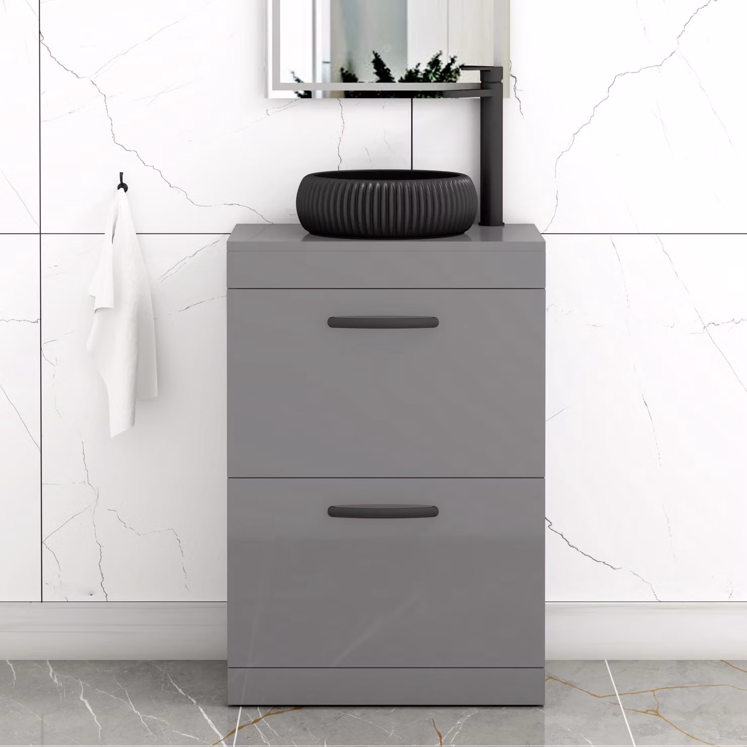 Royal Bathrooms Turin 600mm Floor Standing 2 Drawer Vanity Unit in Indigo Grey Gloss with Milan Black Countertop Basin