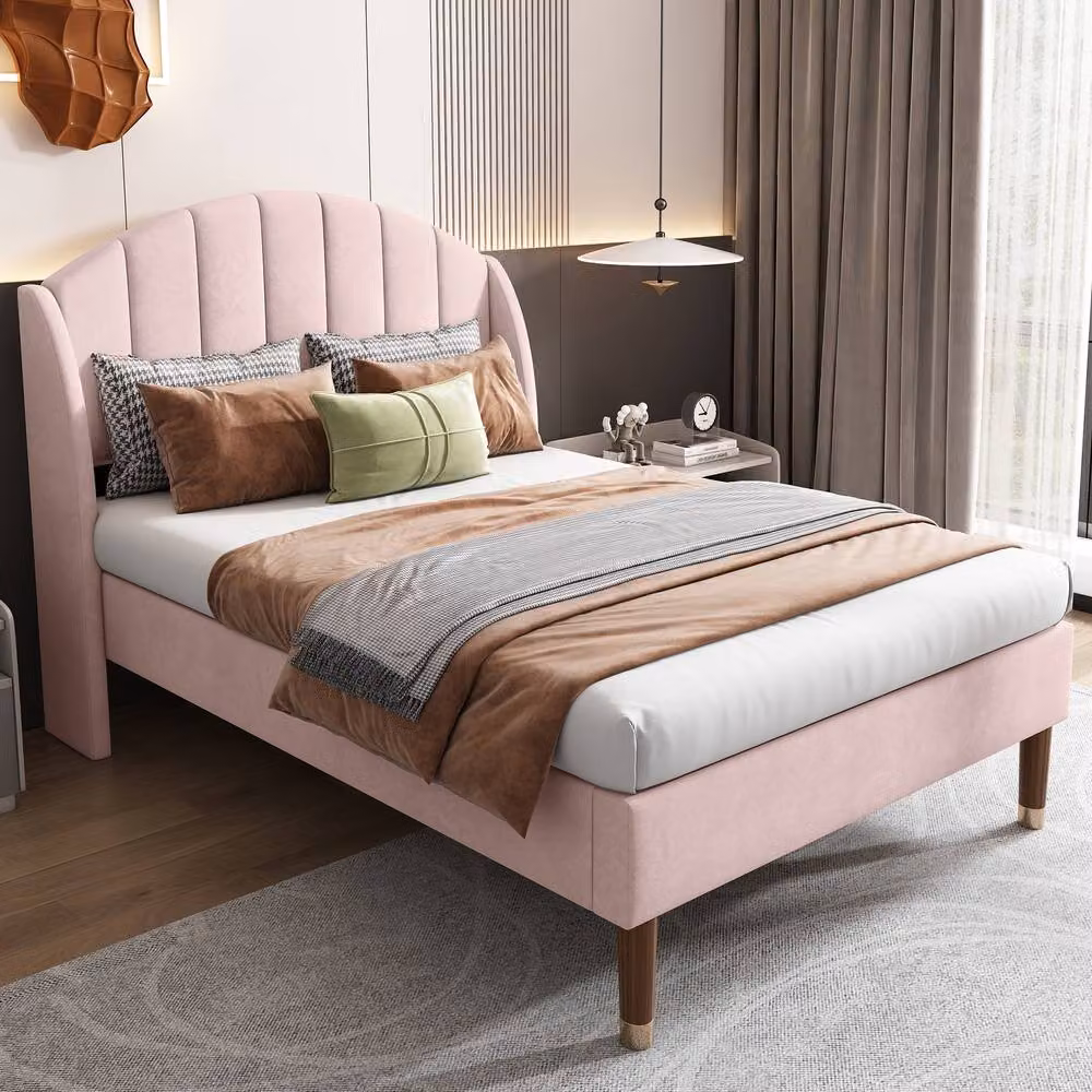 Matteo Pink Velvet Upholstered Single Bed with Slatted Frame and Headboard, W/D/H: 90 x 190 x 108 cm – 2