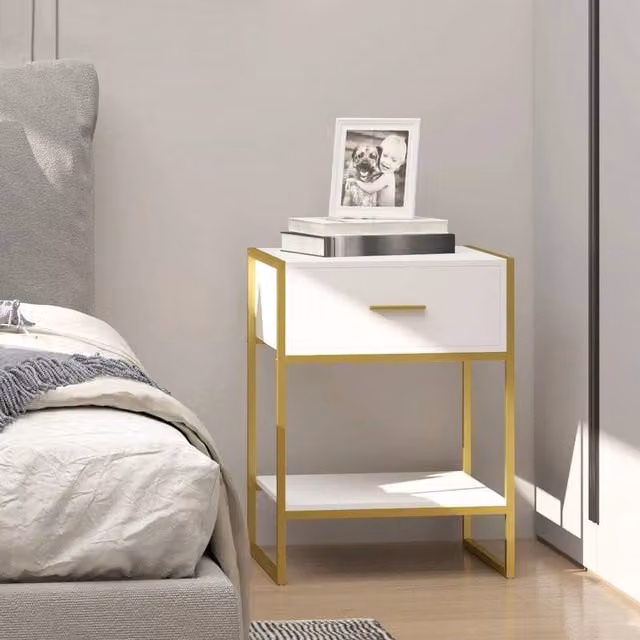 HOMCOM Modern White and Gold Bedside Table with Metal Frame – 1