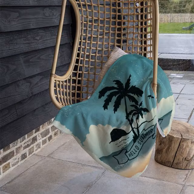 Benjamin Tate Design Hello Summer Fleece Blanket in Blue, Beige and Multicolour, W/D/H: 120 x 150 cm