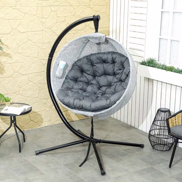 Outsunny Garden Hanging Swing Egg Chair with Folding Basket in Grey