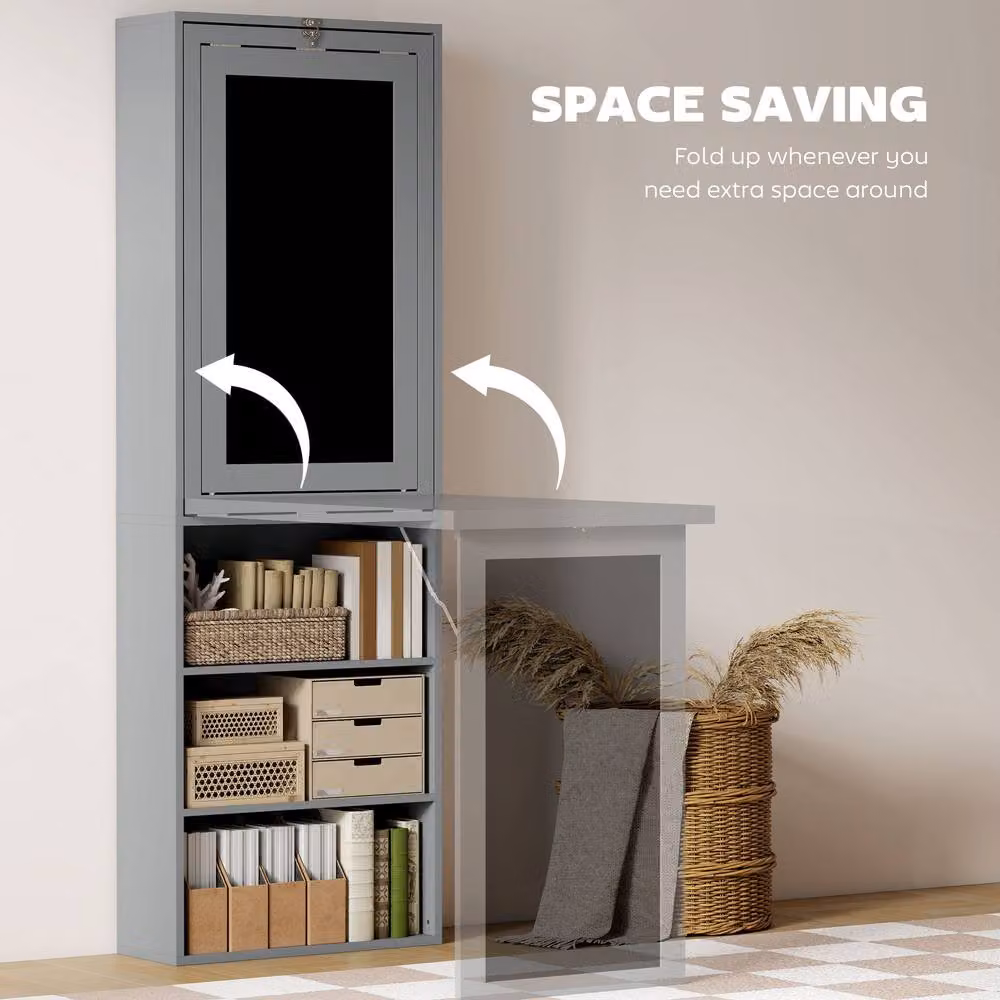 STILVORA Grey Folding Convertible Secretary Desk with Blackboard and Shelves, H 153 x W 98 x D 51 cm – 4