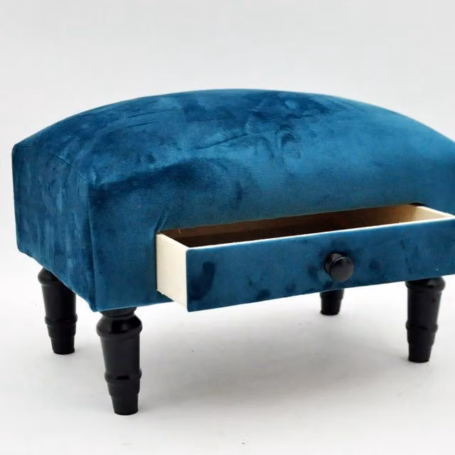 Minster Velvet Footstool with Drawer in Blue, W: 45 cm, D: 25 cm, H: 28 cm