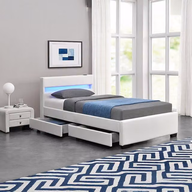 Harmin Luxury Double Bed with White Faux Leather Upholstered Frame, LED Lighting, Bluetooth Speakers and USB Charging Port, W/D/H: 140 x 200 cm