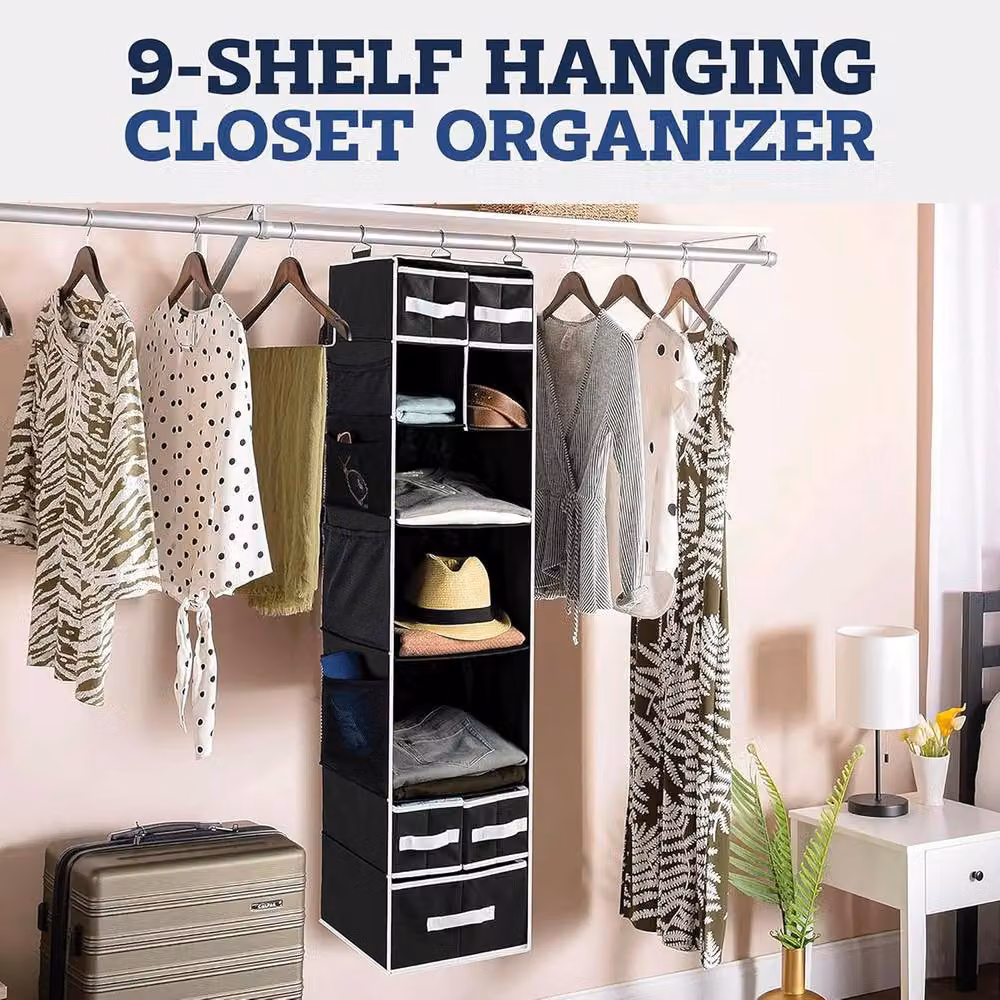 Simpa 9-Shelf Hanging Wardrobe Storage Organiser with Drawers, Black – 2