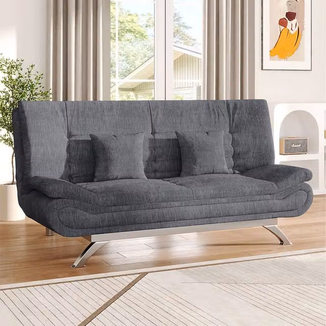 Livingandhome 2 Seater Grey Linen Fabric Click Clack Sofa Bed with 2 Scatter Cushions