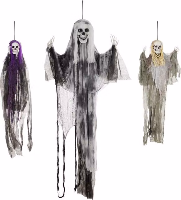 HOMCOM Set of 3 Hanging Skeleton Halloween Decorations, Scary Flying Ghosts for Garden and Party, H: 90 cm, 110 cm, 170 cm