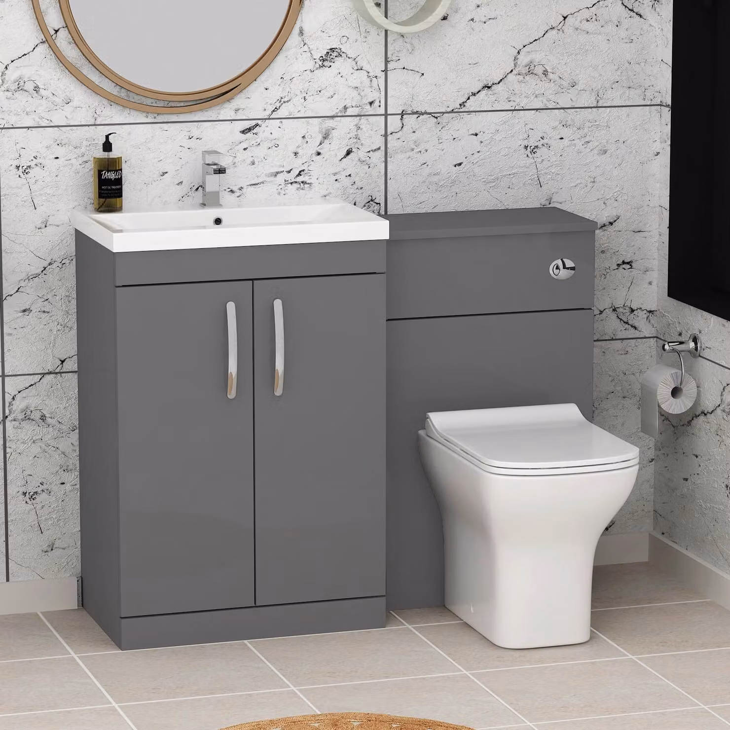 Royal Bathrooms Turin 1100mm Indigo Grey Gloss 2-Door Mid-Edge Basin and Qubix Back to Wall Toilet Pack