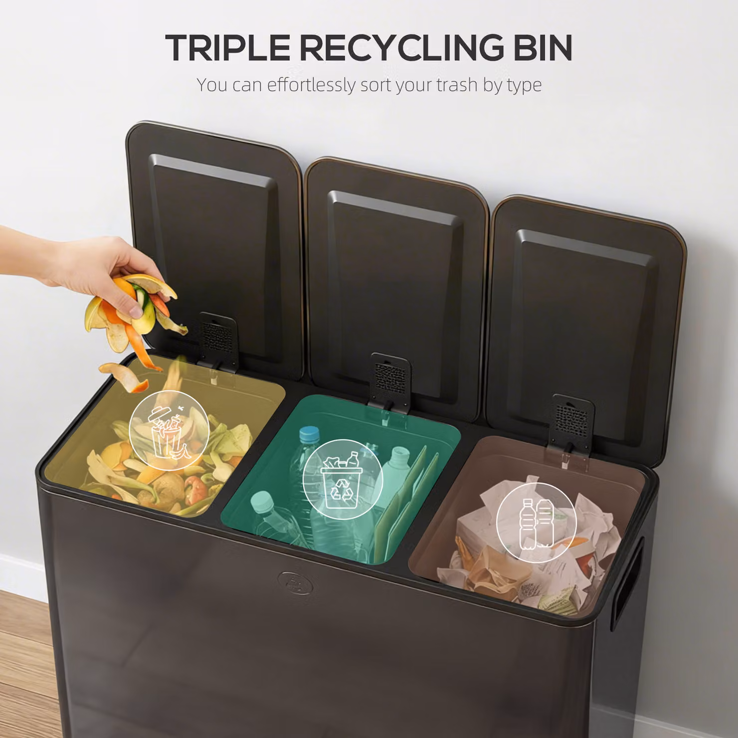 HOMCOM Triple Steel Pedal Bin with Soft Close Lids and Removable Inner Buckets, Black – 4