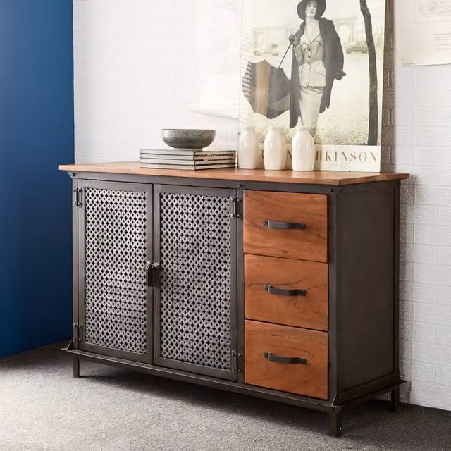 IH Design Industrial Wood and Metal Sideboard with 3 Drawers and 1 Door in Brown