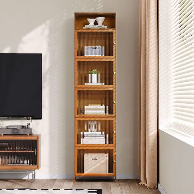 Livingandhome Modern Brown Wooden Storage Cabinet with Glass Doors and Internal Shelves, Height: 170 cm
