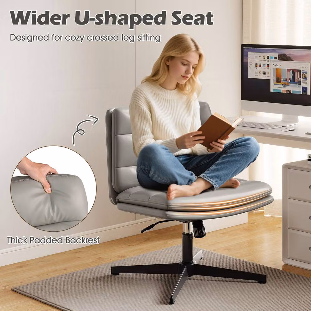 Gymax Height Adjustable Mid-Back Cross Legged Makeup Vanity Chair in Grey PU Leather – 6