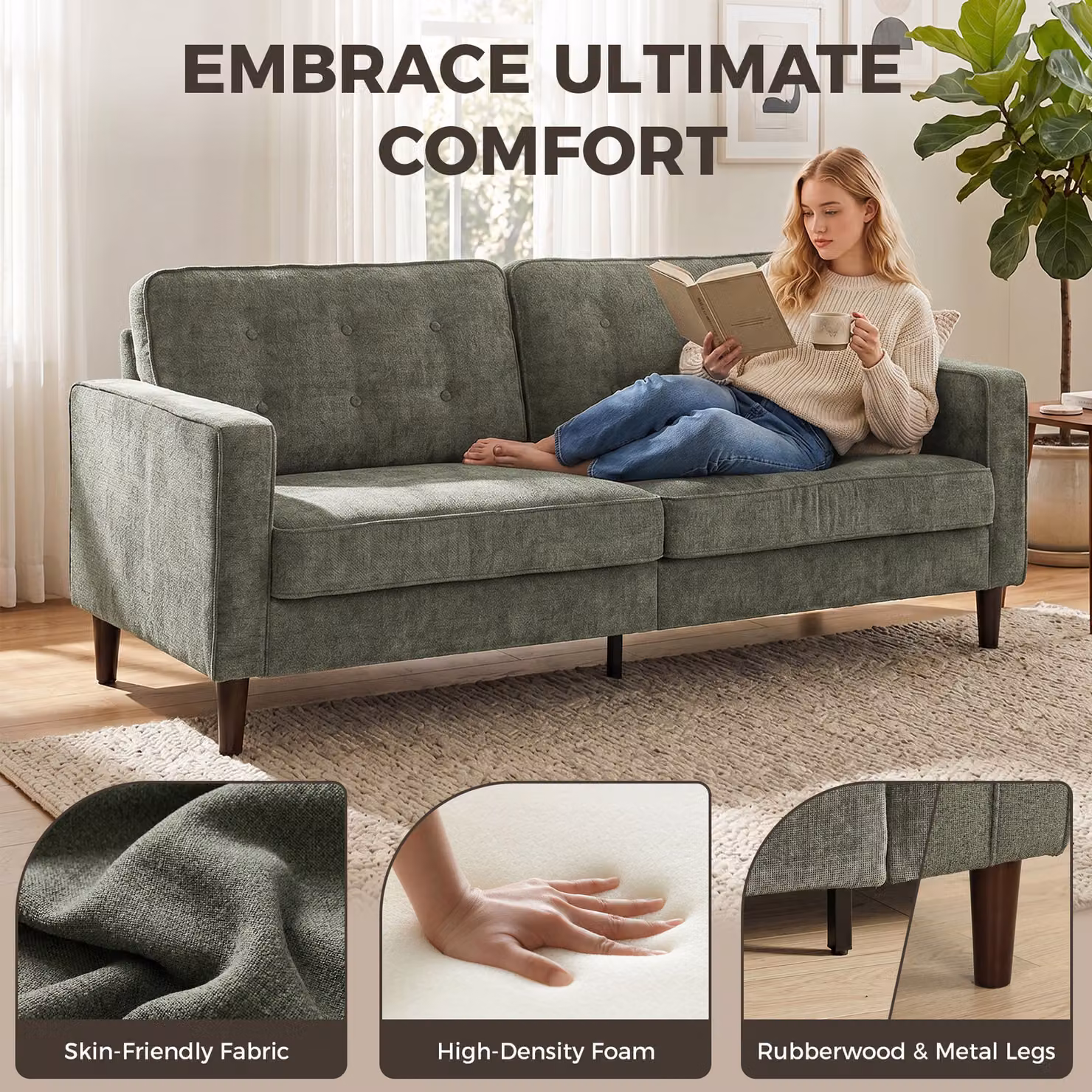 HOMCOM 3 Seater Button Tufted Velvet Sofa in Green with Wood Legs – 4