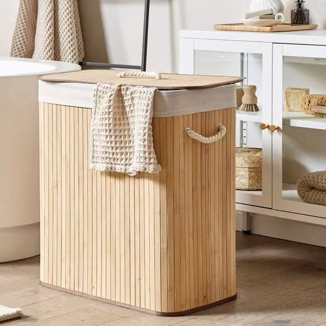 Wyld and Coco Bamboo Laundry Hamper with Lid, Two Compartments and Rope Handles, Brown – 1