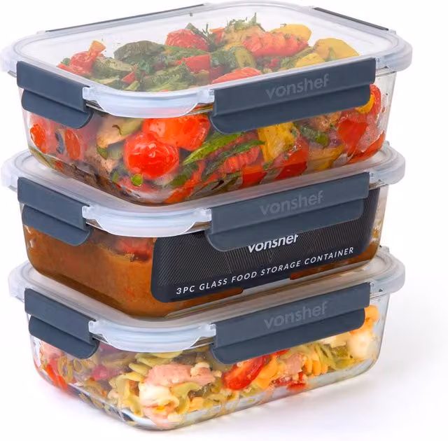 VonShef 3-Piece Glass Meal Prep Lunch Box Set with Airtight Leakproof Snap Lids, 1.5 l per Container, Transparent – 1