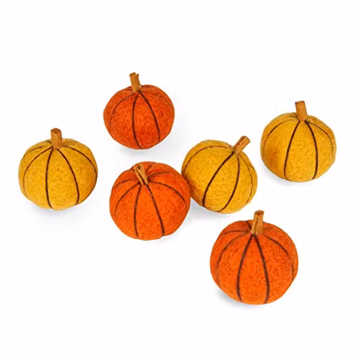 Lights4fun Set of 6 Wool Pumpkin Tabletop Decorations in Orange and Yellow – 3