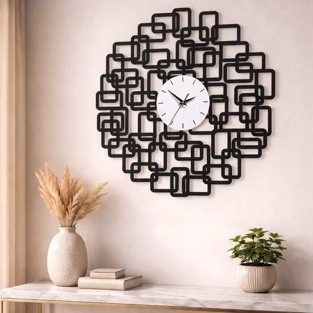 Orsina Modern Geometric Round Analog Metal Wall Clock in Black and White – 2