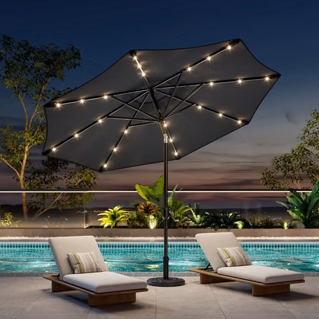 Garden Sanctuary Dark Grey 24 LED Lights Parasol with Crank and Concrete Base