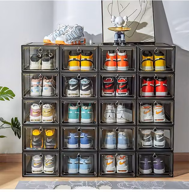 H&O Direct 6-Piece Stackable Magnetic Shoe Storage Display Case in Grey and Transparent Acrylic – 1